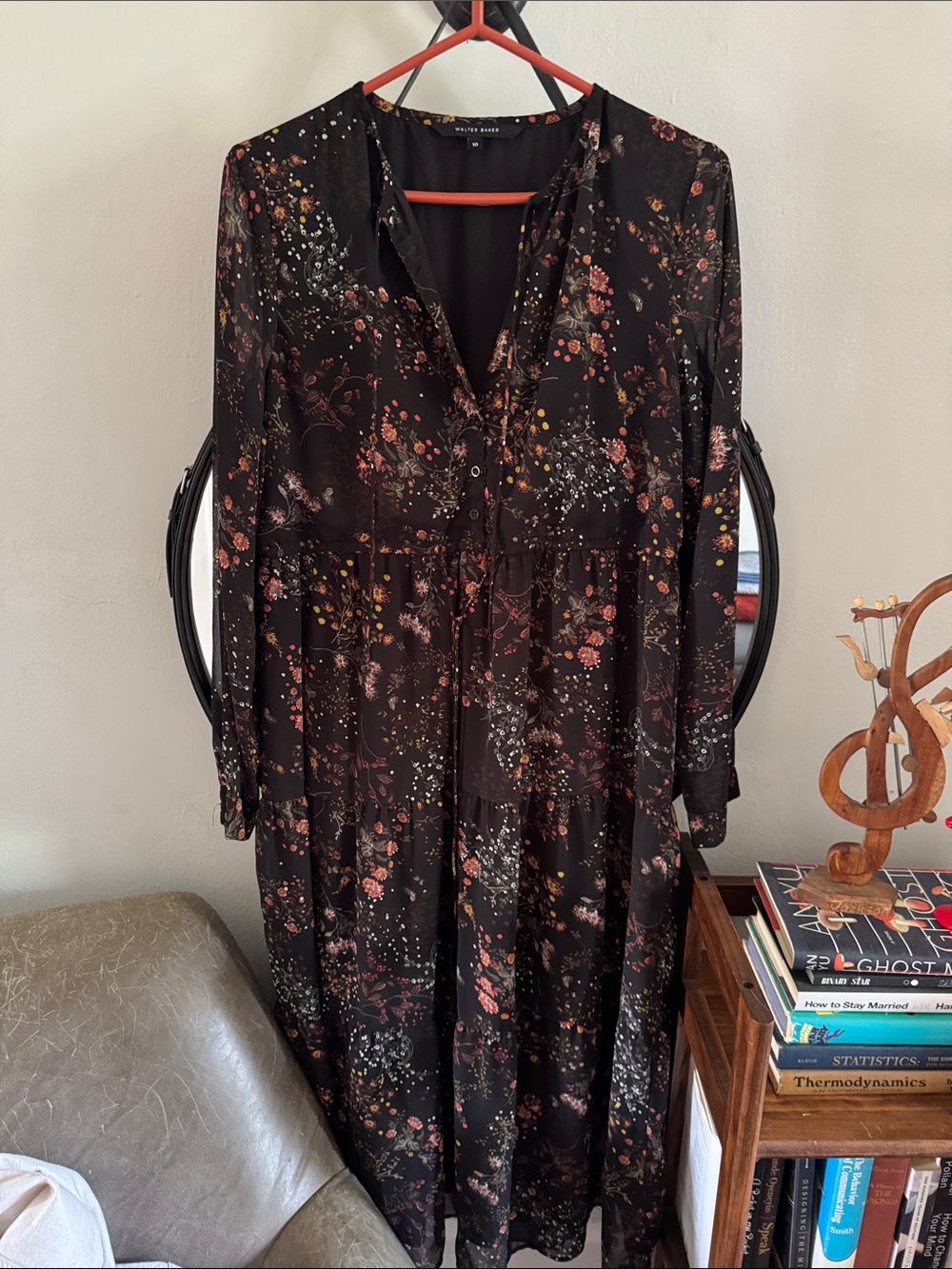 Walter Baker Black Floral Long Sleeve Midi Dress with Pink & Yellow Accents
